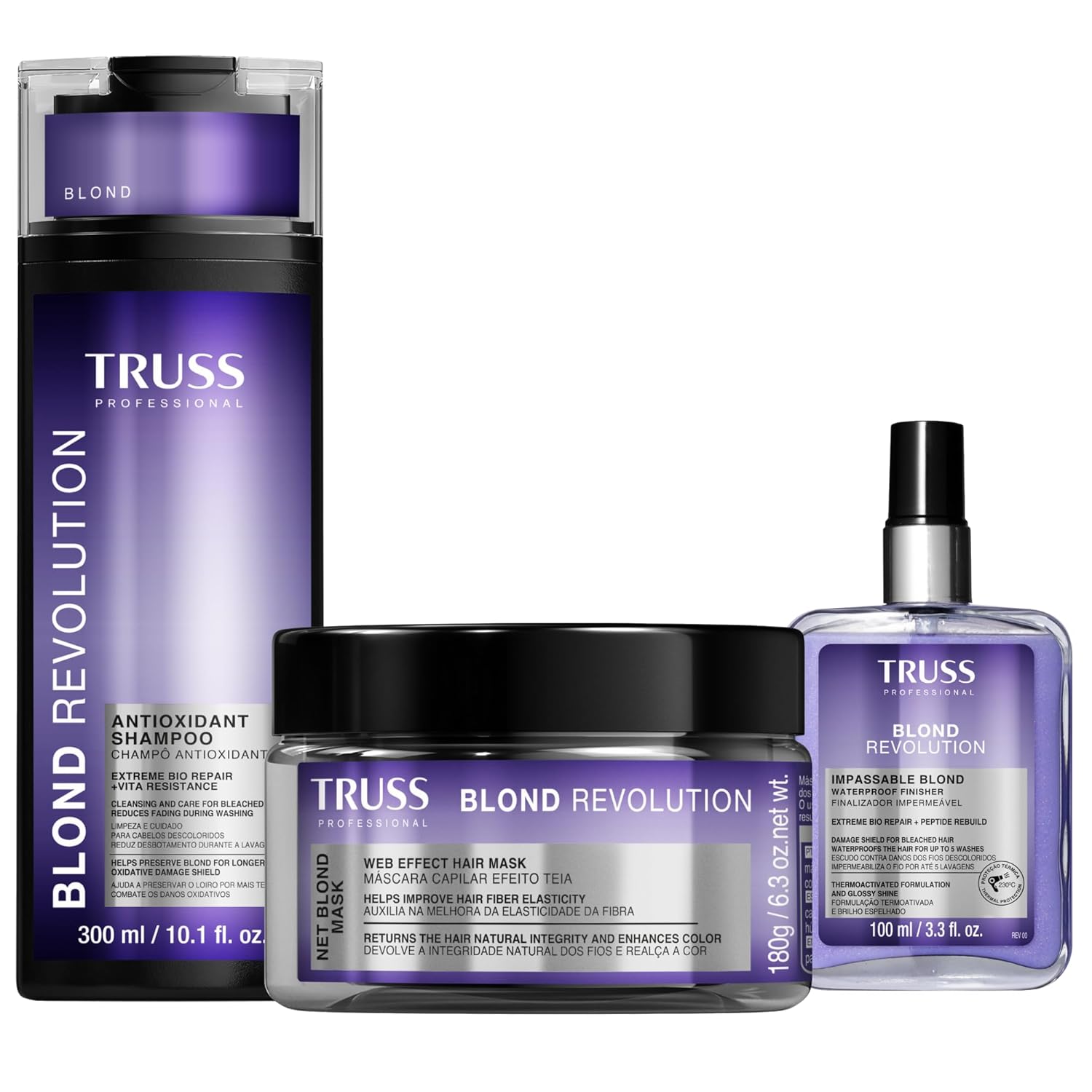 TRUSS Blond Revolution Shampoo, Net Mask & Impassable Heat Protectant Spray - Gentle Cleansing Shampoo, Repairing Hair Mask and Frizz Control Waterproof Spray for Color Treated Hair (3-item bundle)