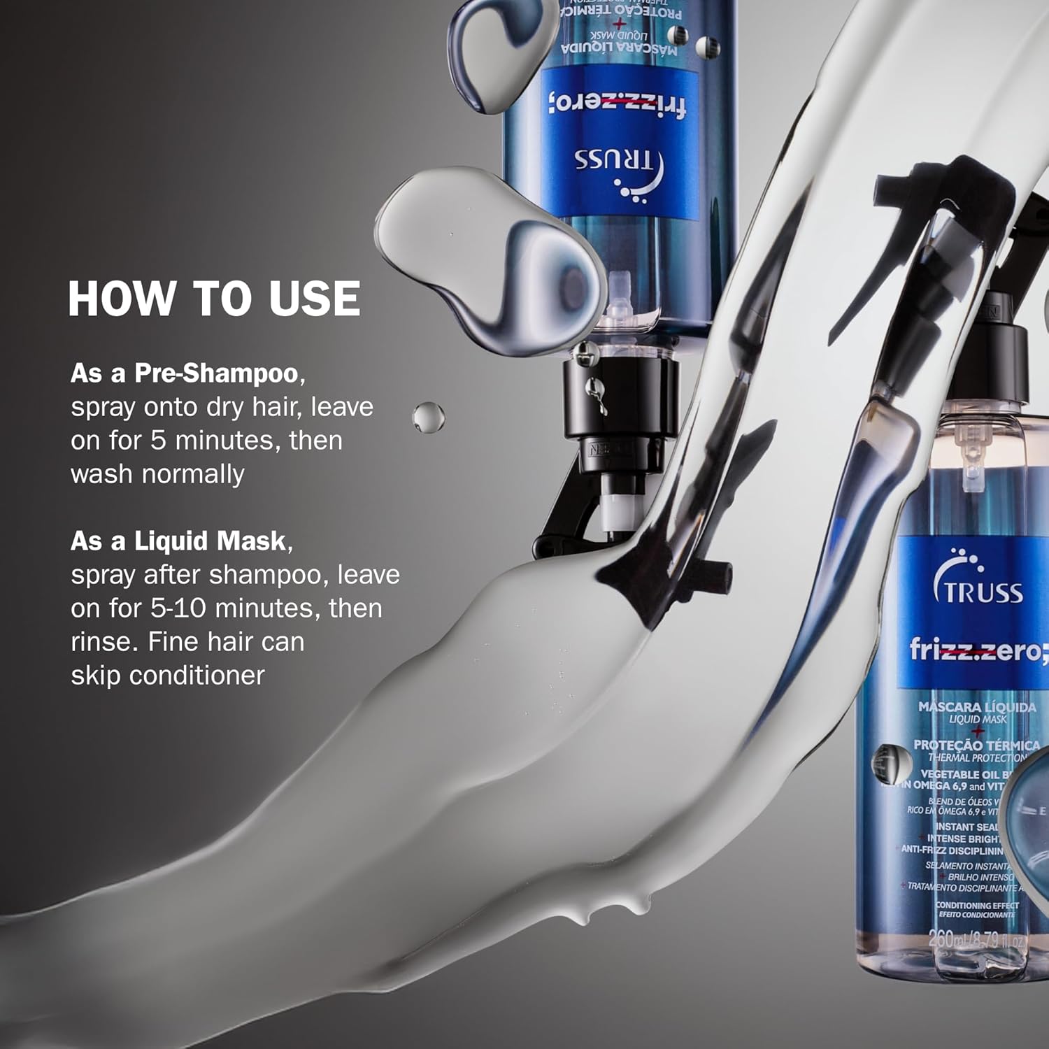 TRUSS Frizz Zero Liquid Hair Mask - Anti Frizz Hair Treatment Spray - Detangles & Brightens Damaged Strands - Provides Intense Shine & Cuticle Sealing (8.79 oz