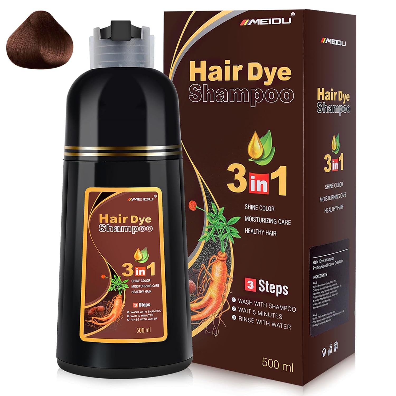 MEIDU Dark Brown Hair Color Shampoo for Gray Coverage, Instant 3-in-1 Hair Dye for Women (16.9 Fl oz)