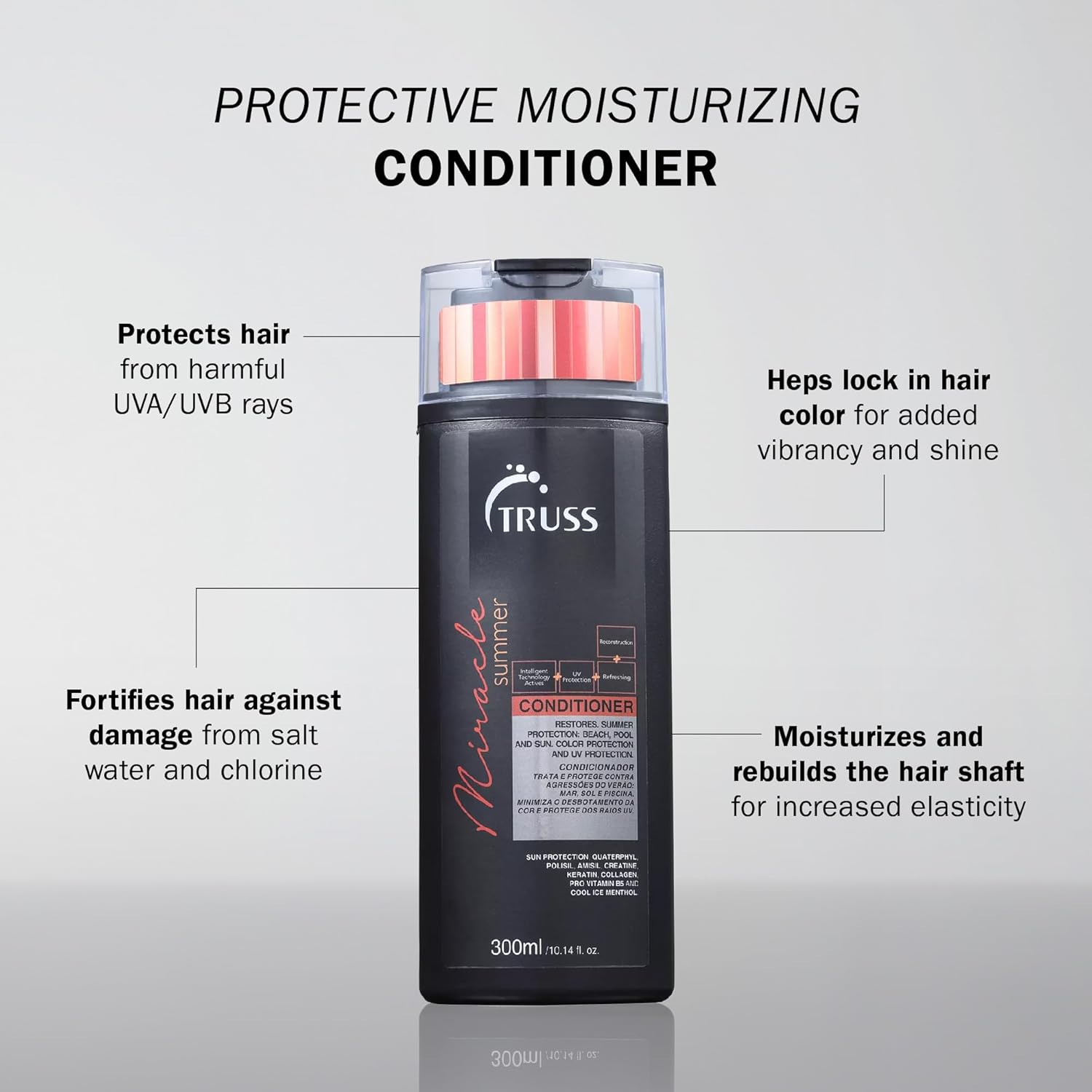 TRUSS Miracle Summer Conditioner - Moisturizing Conditioner, Protects Hair From Sun, UV, Ocean & Pool Water, Adds Shine, Prevents Color Fading - All Hair Types (10.14oz)