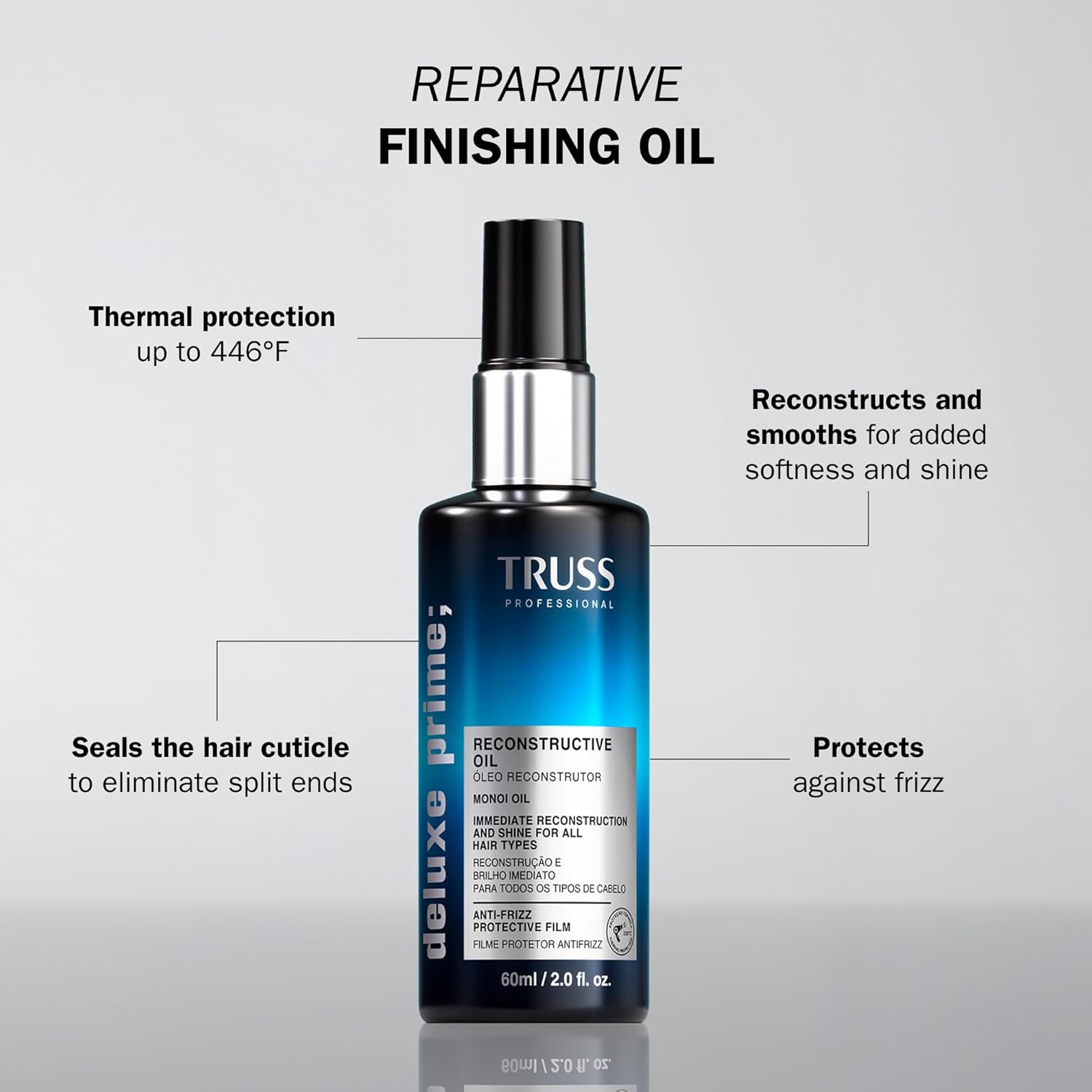 TRUSS Deluxe Prime Reconstructive Hair Oil for Damaged Hair - Split End Repair Treatment with Heat Protection & Frizz Control - Seals Cuticle for Strength & Softness (2 Fl oz)