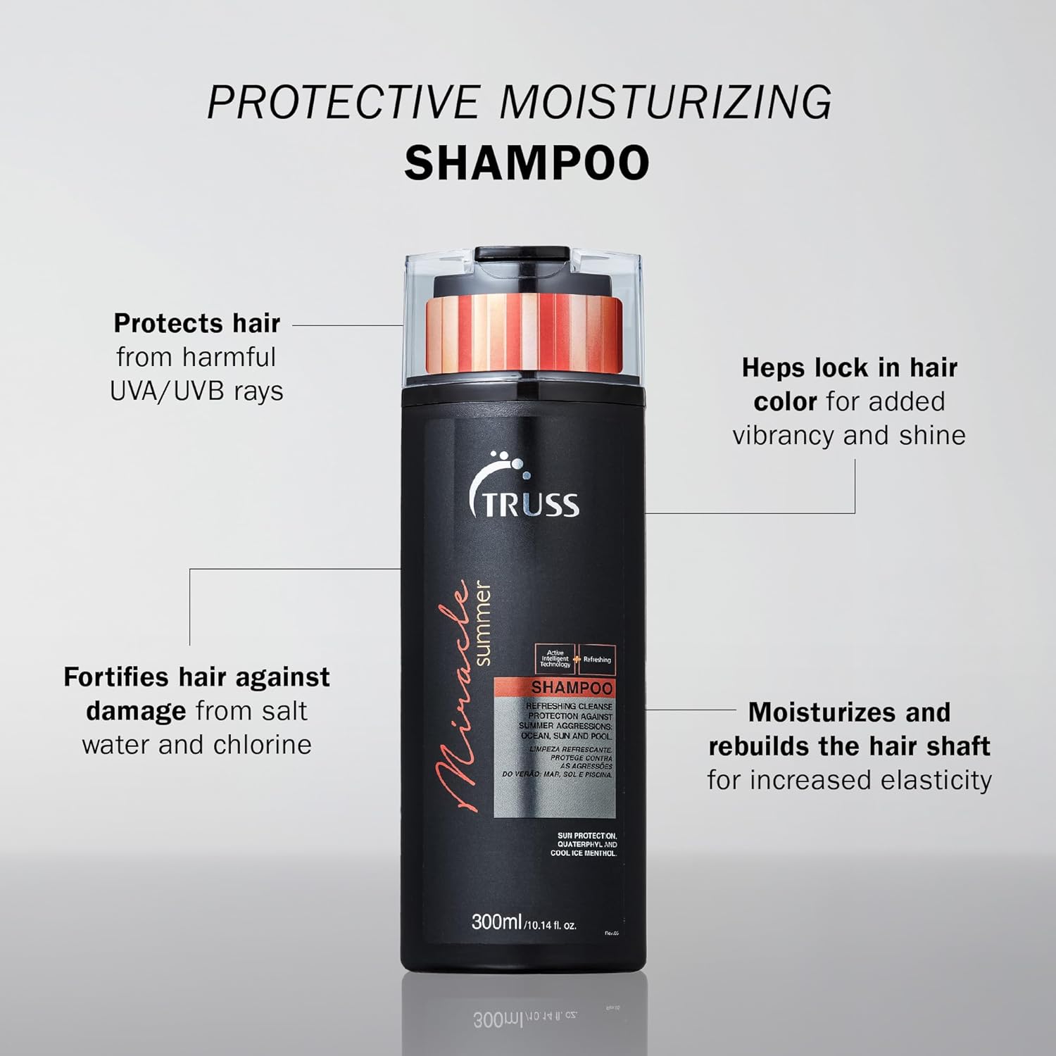 TRUSS Miracle Summer Shampoo - Protects Hair From Sun, Wind, Salt Damage, Chlorine Damage, Revitalizes, Repairs, Stops Color Fading, Adds Shine - Daily Use for All Hair Types