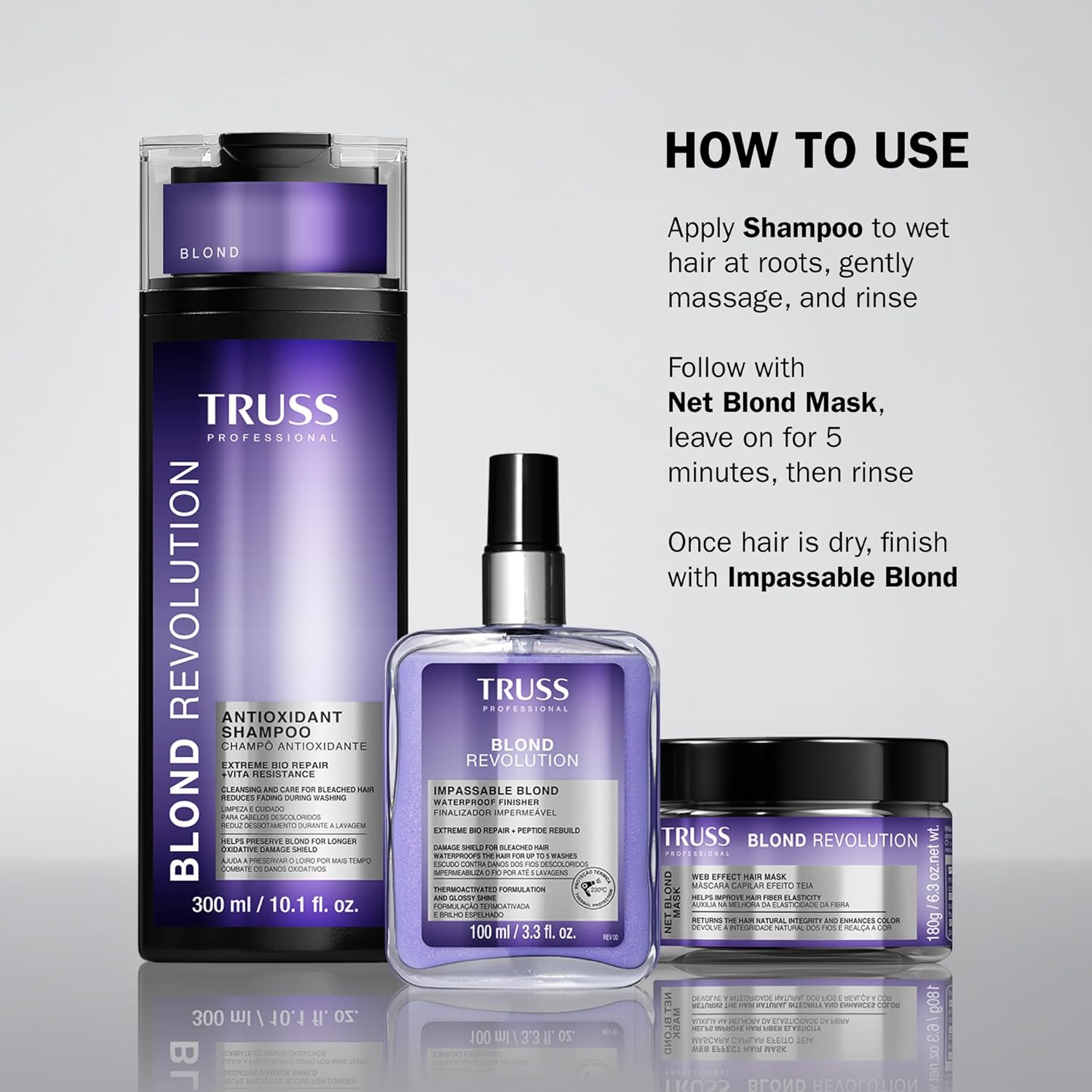 TRUSS Blond Revolution Shampoo, Net Mask & Impassable Heat Protectant Spray - Gentle Cleansing Shampoo, Repairing Hair Mask and Frizz Control Waterproof Spray for Color Treated Hair (3-item bundle)