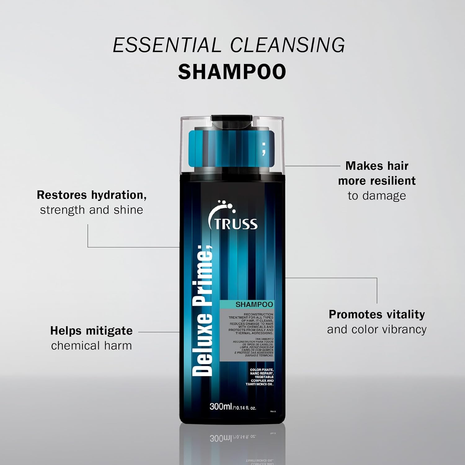 TRUSS Deluxe Prime Deep Cleansing Shampoo - Damaged Hair Repair & Hydrating Shampoo for Hair Shine + Anti Fading Action - Moisturize, Soften & Protect from Chemical Damages (10.14oz)