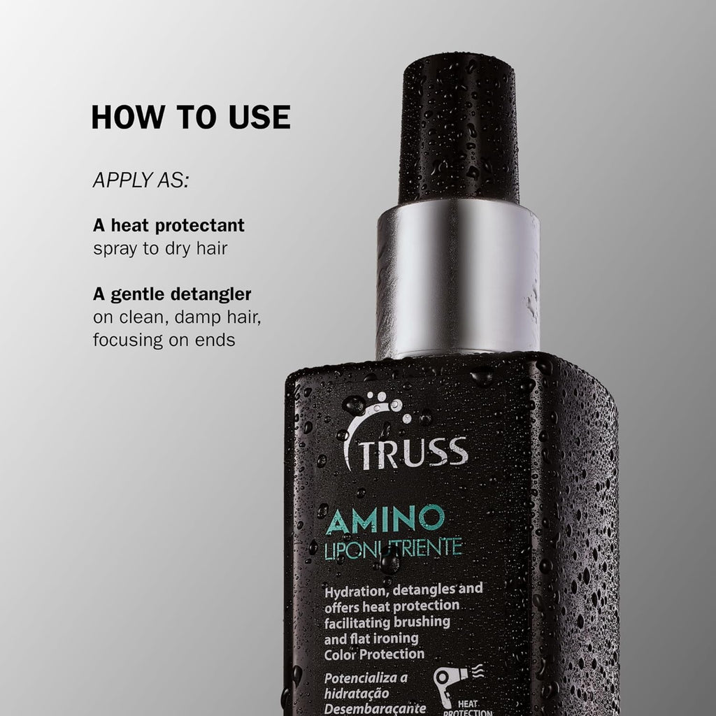 TRUSS Amino Heat Protection Spray for Hair - Anti Frizz Leave In Hair Spray - Infused with Essential Oils to Hydrate & Replenish Amino Acids - Color Safe Heat Protectant & Detangler (7.61 oz)