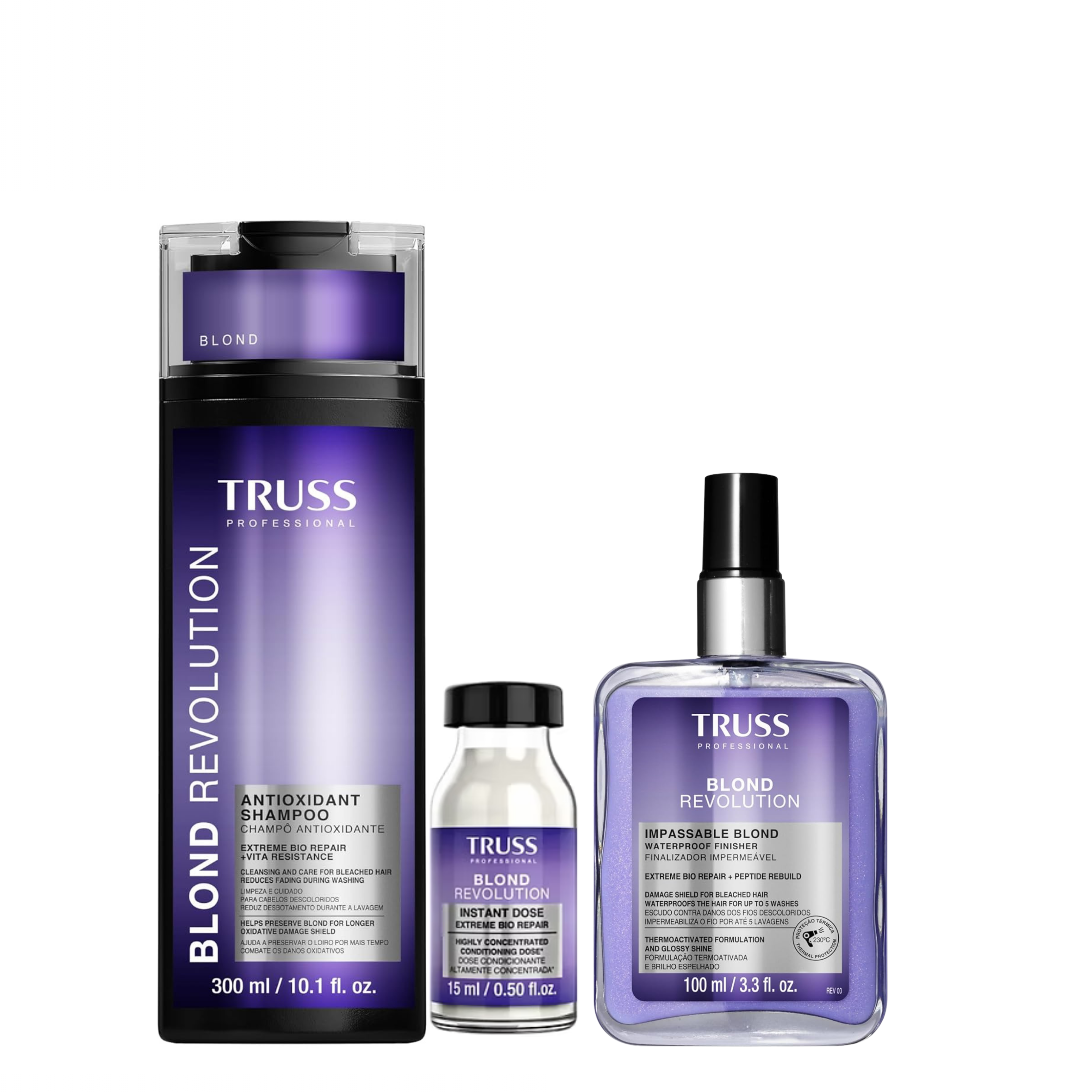 TRUSS Blond Revolution Shampoo, Instant Dose & Impassable Heat Protectant Spray - Blond Fast (3-item bundle)